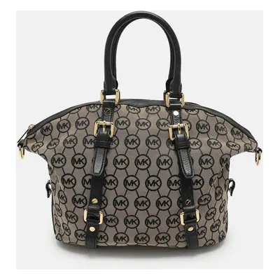 MICHAEL Michael Kors Beige/Black Monogram Canvas and Leather Bedford Satchel