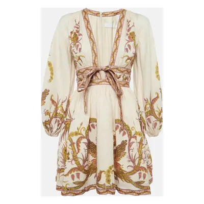 Zimmermann Cream Floral Print Linen Cassia Plunge Bow Mini Dress