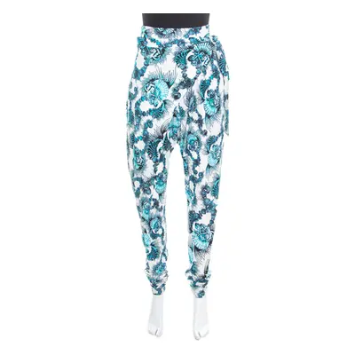 Just Cavalli White and Blue Shell Printed Draped Tie Detail Pants