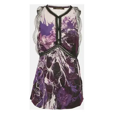 Roberto Cavalli Purple/Multicolor Printed Lace Trim Detail Top