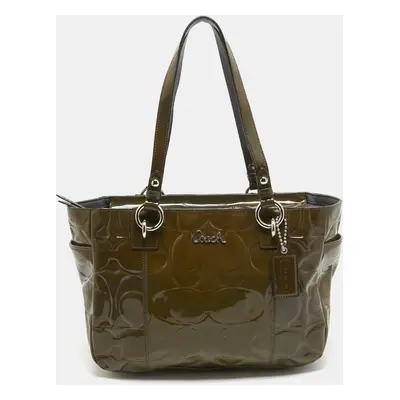 Coach Olive Green Op Art Embossed Patent Leather East West Gallery Tote