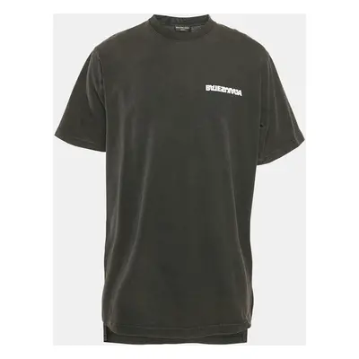 Balenciaga Unifit Black Faded Logo Embroidered Cotton Oversized T-Shirt