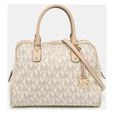 Michael Kors Beige/White Signature Coated Canvas and Leather Charm Satchel