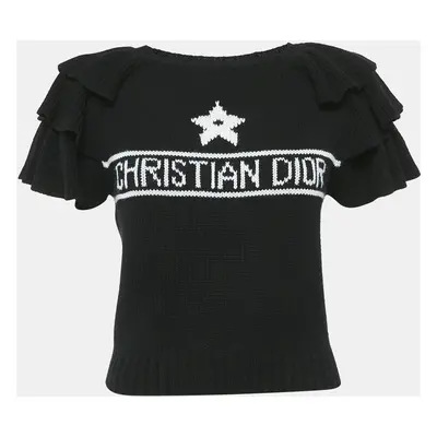 Christian Dior Black Logo Intarsia Knit Ruffed Sleeve Top