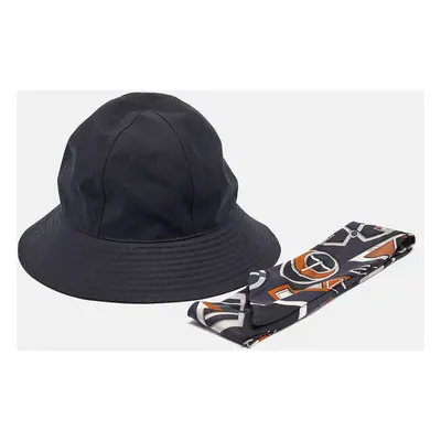 Hermes Black Gabardine and Printed Silk Twilly Bucket Hat