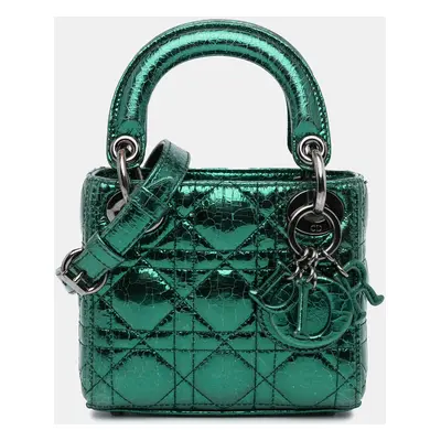 Dior Green Micro Metallic Crinkled Calfskin Cannage Lady Dior