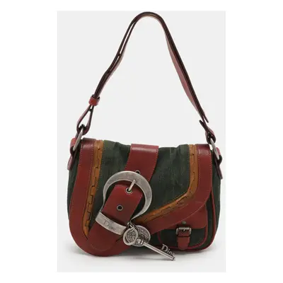 Dior Green/Brown Canvas and Leather Gaucho Double Saddle Bag