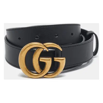 Gucci Black Leather GG Marmont Buckle Slim Belt