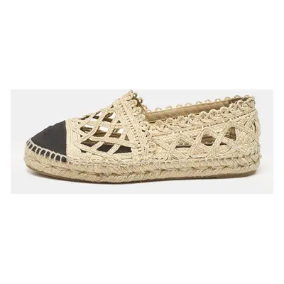 Chanel Beige/Black Laser Cut Raffia and CC Canvas Cap Toe Espadrille Flats Size