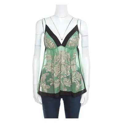 Etro Green Sheer Silk Sequined Floral Applique Detail Babydoll Top