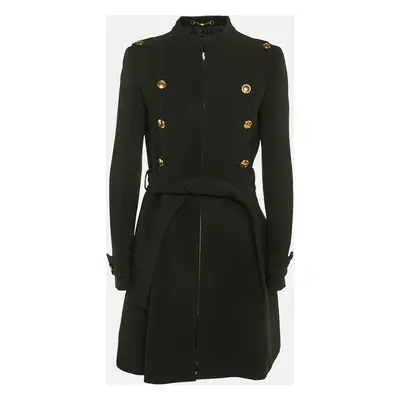 Gucci Black Crepe Zip-Up Button Detail Belted Mid-Length Coat