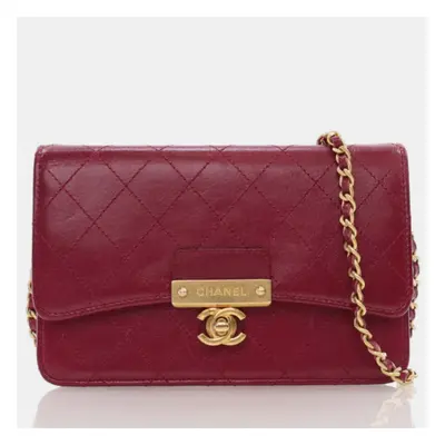 Chanel Red Calfskin Logo Plate Wallet On Chain (WOC)