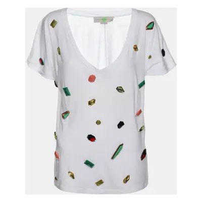 Stella McCartney White Cotton Natural Stones Detail V Neck T-Shirt