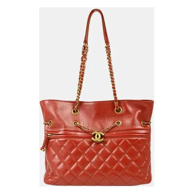 Chanel Metallic Red Lambskin Tote Handbag