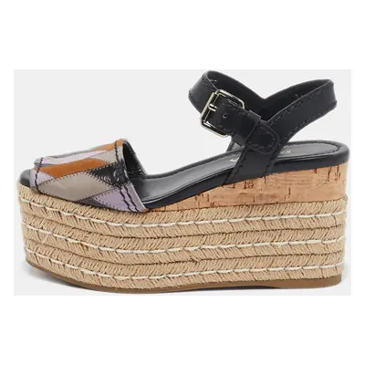 Prada Multicolor Leather and Suede Cork Espadrille Platform Ankle Strap Sandals Size