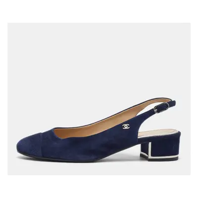 Chanel Navy Blue Suede Cap Toe CC Slingback Pumps Size