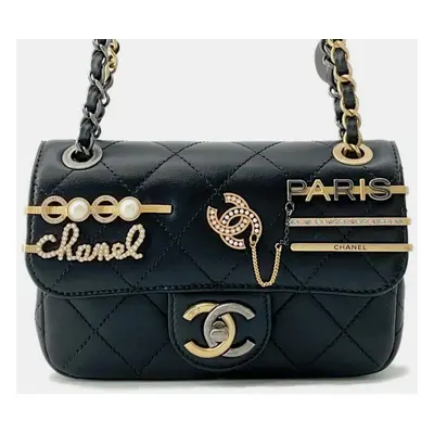 Chanel Black Lambskin Charm Single Flap Mini Chain Shoulder Bag