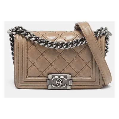 Chanel Beige Double Stitch Quilted Leather Small Boy Flap Bag