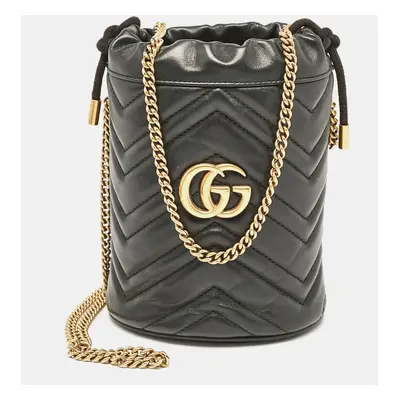 Gucci Black Matelasse Leather Mini GG Marmont Bucket Bag