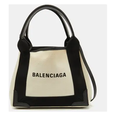 Balenciaga Off White/Black Canvas and Leather Navy Cabas Tote