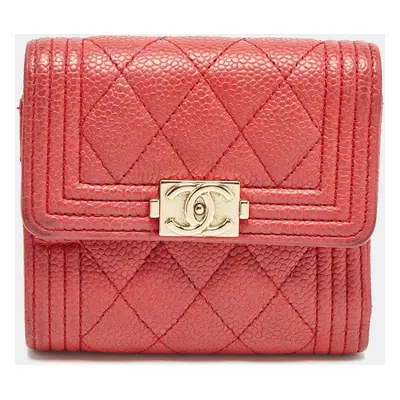 Chanel Red Quilted Caviar Leather Boy Compact Wallet