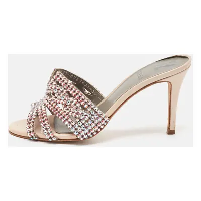 Gina Beige Leather Crystal Embellished Slide Sandals Size 36.5