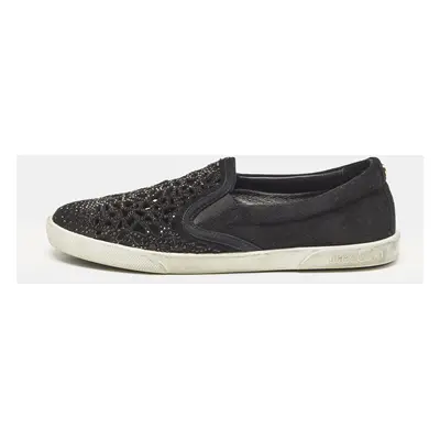 Jimmy Choo Black Suede Crystal Embellished Cut-Out Slip On Sneakers Size