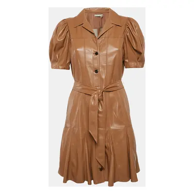 Alice + Olivia Brown Faux Leather Button Front Belted Mini Dress