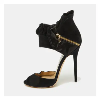 Jimmy Choo Black Suede and Satin Ruffle Ankle Strap Sandals Size