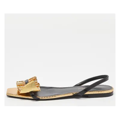 Saint Laurent Gold/Black Python Embossed Leather Edie Slingback Flat Sandals Size