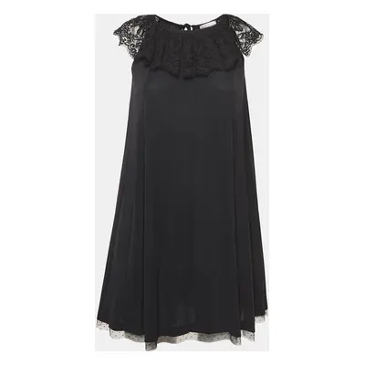 RED Valentino Black Pleated Jersey Lace Trim Mini Dress