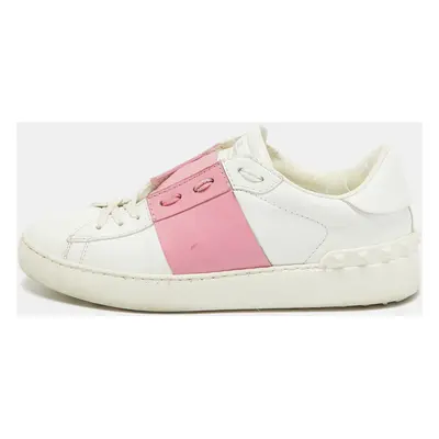 Valentino White/Red Leather Rockstud Lace Up Sneakers Size