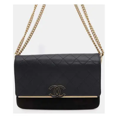 Chanel Matelasse Cc Logo Chain Black Caviar Leather Suede Shoulder Bag