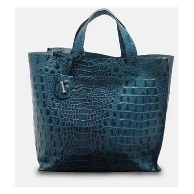 Furla Blue Croc Embossed Leather Divide It Tote