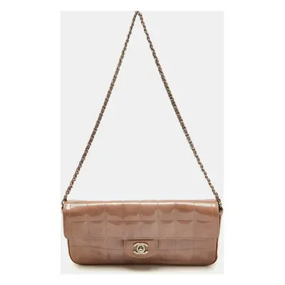 Chanel Dusty Pink Quilted Patent Leather Chocolate Bar CC East West Flap Bag