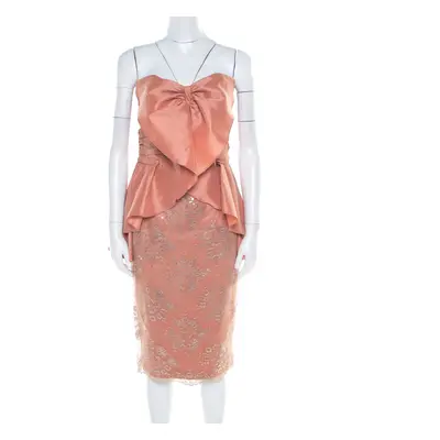 Badgley Mischka Collection Copper Metallic Lace Overlay Strapless Kimono Dress