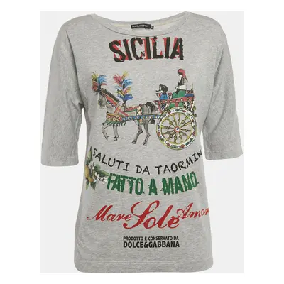 Dolce & Gabbana Grey Sicilia Print Jersey Crew Neck T-Shirt