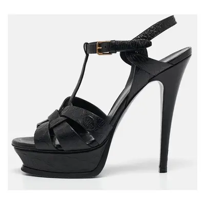 Yves Saint Laurent Black Embossed Leather Tribute Platform Sandals Size