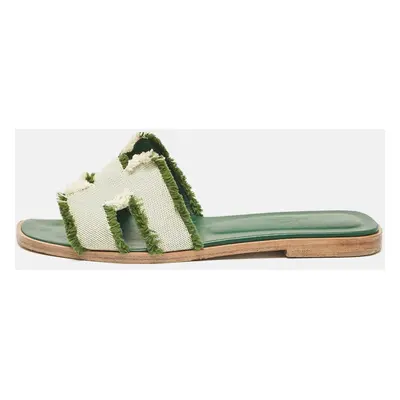 Hermes Green/White Canvas Oran Flat Slides Size