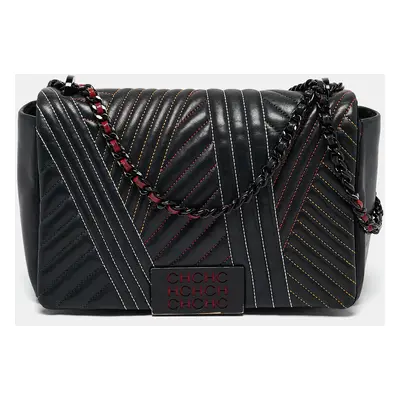 CH Carolina Herrera Black Quilted Leather Stitched Bimba Flap Bag