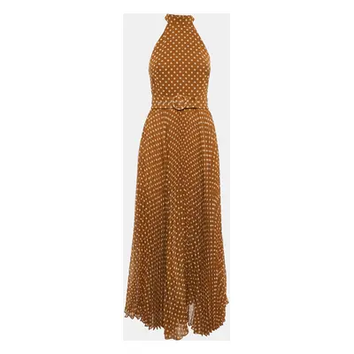 Zimmermann Brown Polka Dot Print Crepe Pleated Halter Neck Long Dress