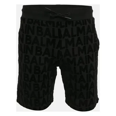 Balmain Black Logo Flock Print Cotton Knit Shorts