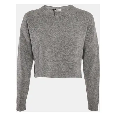 Miu Miu Grey Wool Knit V-Neck Crop Sweater