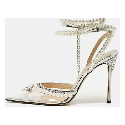 Mach & Mach Transparent PVC Faux Pearl Crystal Embellished Ankle Wrap Pumps Size