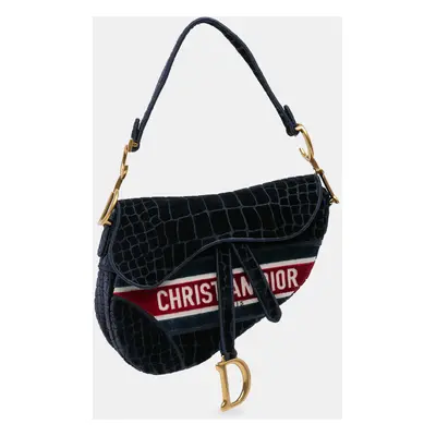 Dior Navy Blue Velvet Crocodile Effect Embroidered Saddle Bag