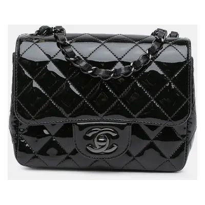 Chanel Black Mini Square Classic Patent So Black Single Flap