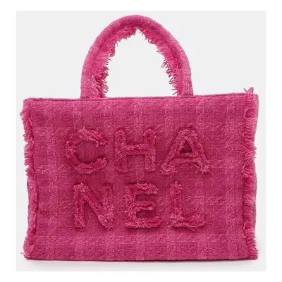 Chanel Pink Tweed Large Logo Zip Shopping Tote Bag