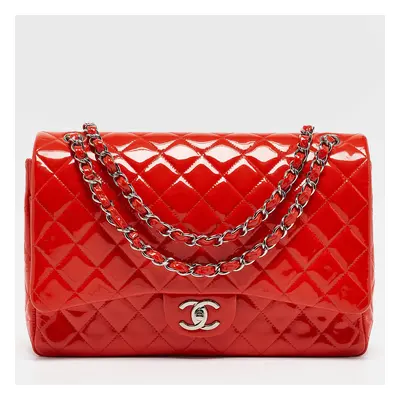 Chanel Orange Quilted Patent Leather Maxi Classic Double Flap Bag