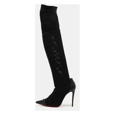 Christian Louboutin Black Knit Fabric and Leather Souricette Knee Length Boots 35.5