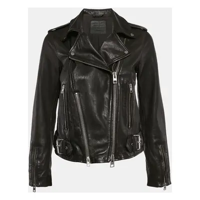 AllSaints Charcoal Grey Leather Zip-Up Addison Biker Jacket